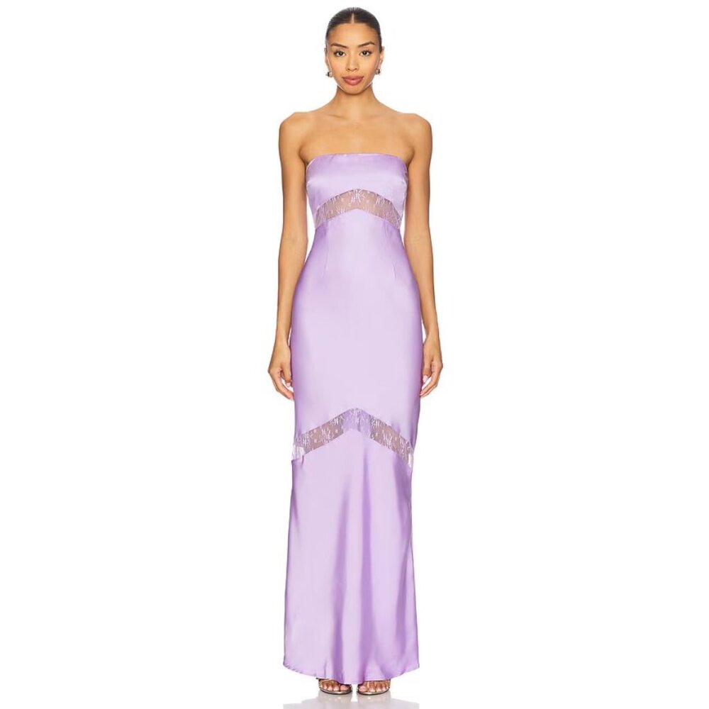 Strapless Lavender Satin Evening Gown with Lace Insets